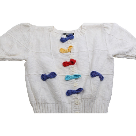 BEREK Vintage Hand Knit 100% Cotton Button Down Sweater Two-Needle Bow Design - Picture 2 of 12